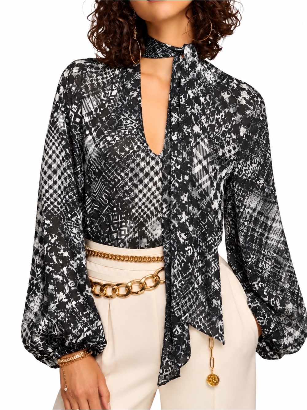 Ramy Brook Black & White Printed Tie-Neck Blouse